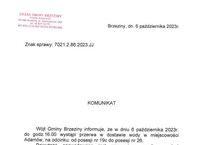 Komunikat dla mieszkańców Adamowa - przerwa w dostawie wody.
