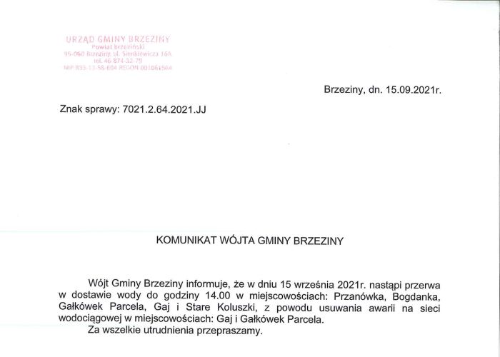 Komunikat Wójta Gminy Brzeziny w sprawie przerwy w dostawie wody dla mieszkańców wsi: Przanówka, Bogdanka, Gałkówek Parcela, Gaj i Stare Koluszki w dniu 15 września br.