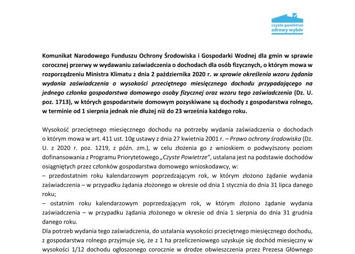 Komunikat Narodowego Funduszu Ochrony Środowiska i Gospodarki Wodnej dla gmin