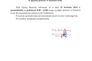 Przerwa w dostawie wody w miejscowości Eufeminów - w dniu 15 kwietnia (poniedziałek), w godzinach 08:00 - 14:00.