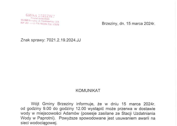 Przerwa w dostawie wody w miejscowości Adamów - w dniu 15 marca, w godzinach 9.00 - 12:00.