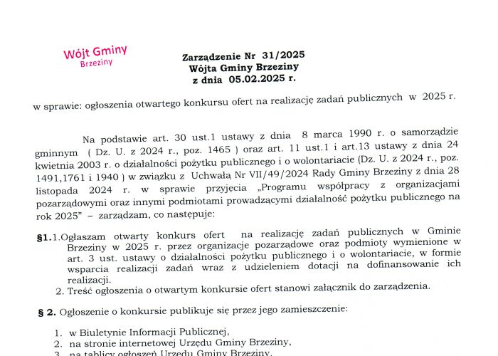 Zarządzenie Nr 31/2025 Wójta Gminy Brzeziny z dnia 05.02.2025 r. w sprawie ogłoszenia otwartego konkursu ofert na realizację zadań publicznych w 2025 r.