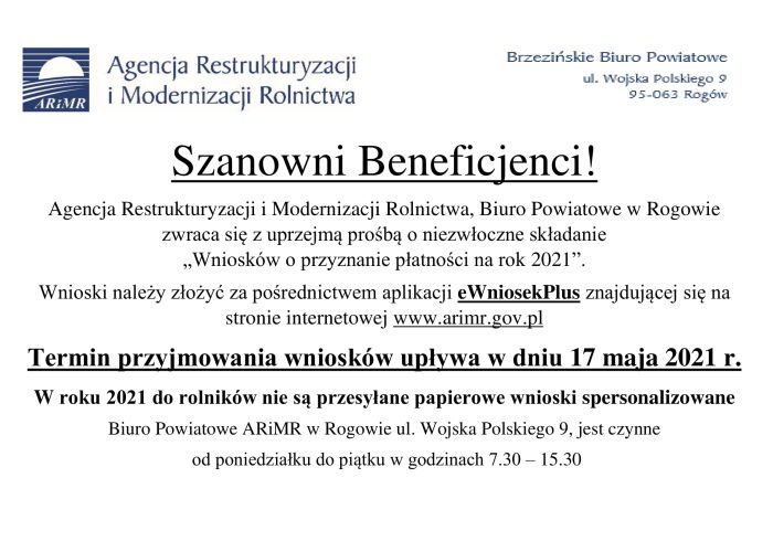Wnioski o przyznanie płatności na rok 2021