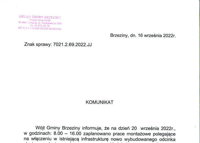 Komunikat dotyczący przerwy w dostawie wody w miejscowościach: Kędziorki, Zalesie, Sadowa, Bogdanka, Tworzyjanki, Ścibiorów, Rochna i Lisowice w dniu 20 września.