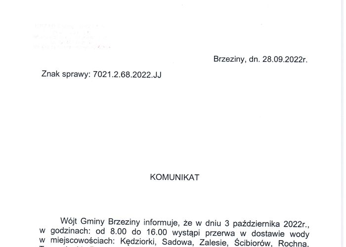 Komunikat dotyczący przerwy w dostawie wody w miejscowościach: Kędziorki, Zalesie, Sadowa, Bogdanka, Tworzyjanki, Ścibiorów, Rochna i Lisowice w dniu 3 października