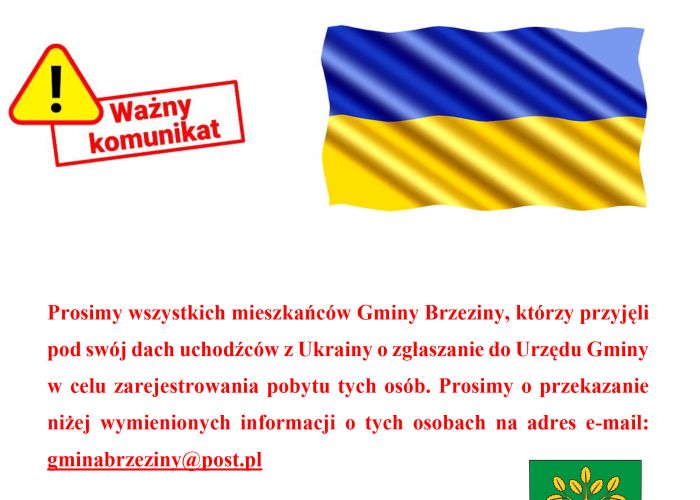 Prośba o przekazywanie do Urzędu Gminy danych przyjętych pod swój dach uchodźców z Ukrainy.