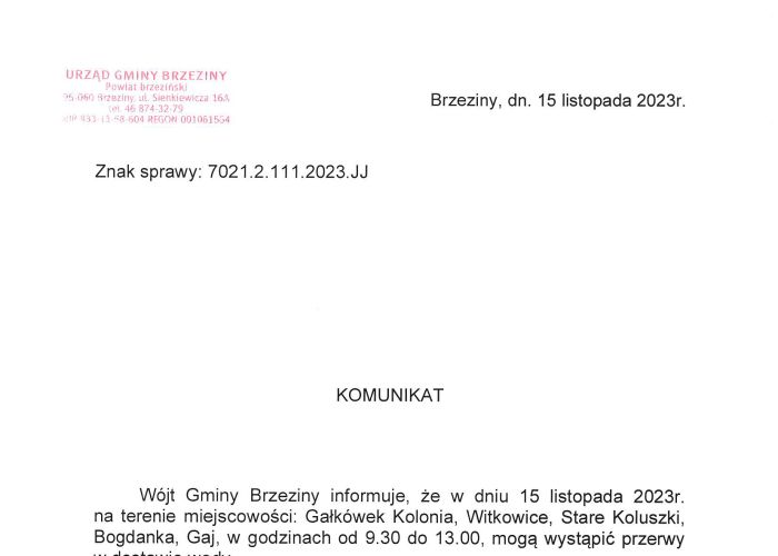 Awaria sieci wodociągowej w msc. Witkowice - 15 listopada 2023 r.