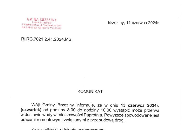 Przerwa w dostawie wody w miejscowości Paprotnia - w dniu 13 czerwca (czwartek), w godzinach 08:00 - 10:00.