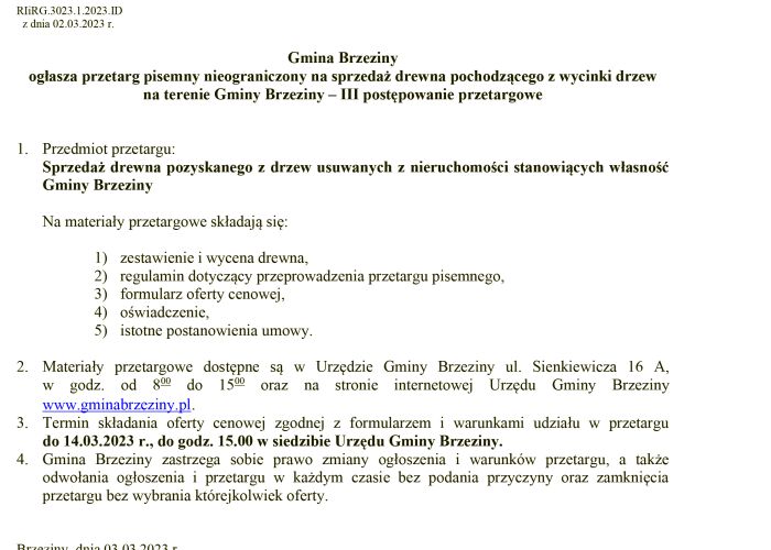 Gmina Brzeziny ogłasza przetarg pisemny nieograniczony na sprzedaż drewna pochodzącego z wycinki drzew na terenie Gminy Brzeziny – III postępowanie przetargowe