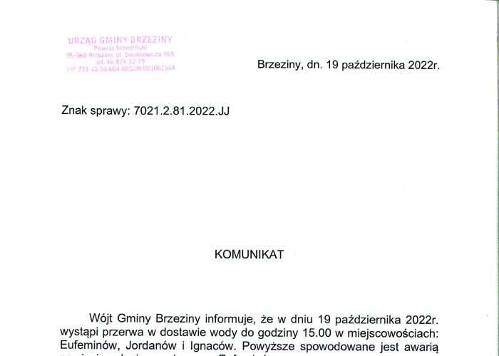 Komunikat dotyczący przerwy w dostawie wody w miejscowościach: Eufeminów, Ignaców i Jordanów w dniu 19 października.