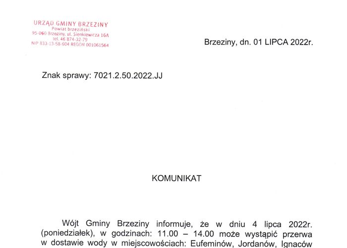 Komunikat dotyczący przerwy w dostawie wody w miejscowościach: Eufeminów, Jordanów, Ignaców i Adamów w dniu 4 lipca.
