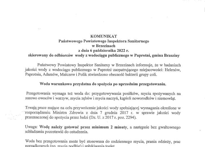 Komunikat Państwowego Powiatowego Inspektora Sanitarnego w Brzezinach skierowany do odbiorców wody z wodociągu publicznego w Paprotni, gmina Brzeziny.