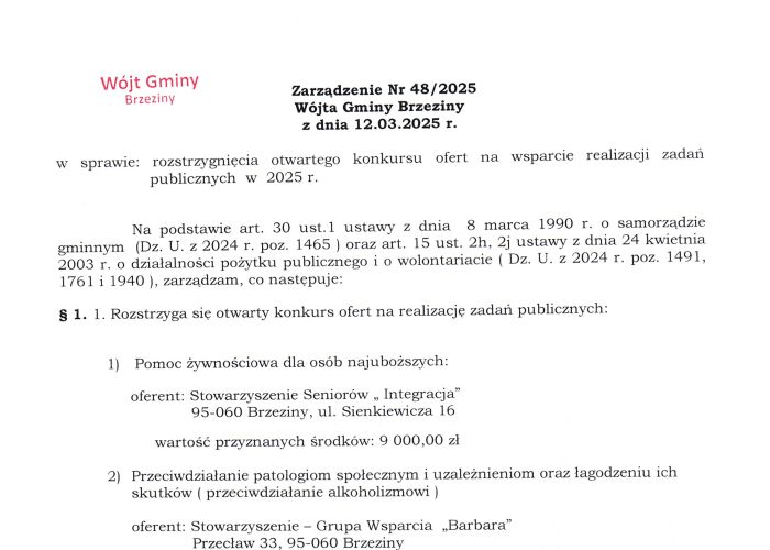 Zarządzenie Nr 48/2025 Wójta Gminy Brzeziny z dnia 12.03.2025 r.  w sprawie: rozstrzygnięcia otwartego konkursu ofert na wsparcie realizacji zadań publicznych w 2025 r.