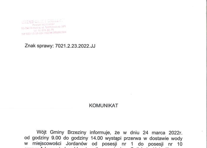 Komunikat dotyczący przerwy w dostawie wody w dniu 23 marca br., w miejscowościach Jordanów i Adamów.