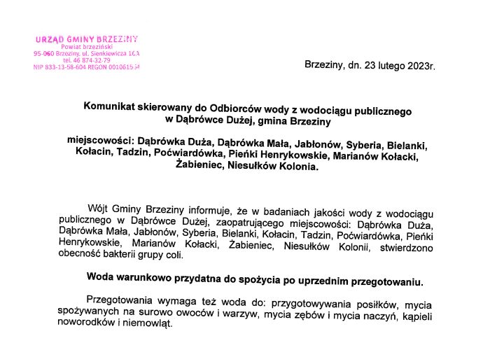 Komunikat skierowany do Odbiorców wody z wodociągu publicznego w Dąbrówce Dużej, gmina Brzeziny