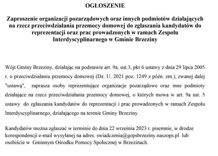 OGŁOSZENIE - Zaproszenie organizacji pozarządowych oraz innych podmiotów działających na rzecz przeciwdziałania przemocy domowej do zgłaszania kandydatów do reprezentacji oraz prac prowadzonych w ramach Zespołu Interdyscyplinarnego w Gminie Brzeziny
