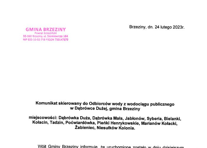 Komunikat skierowany do Odbiorców wody z wodociągu publicznego w Dąbrówce Dużej, gmina Brzeziny - WODA NADAJE SIĘ DO SPOŻYCIA