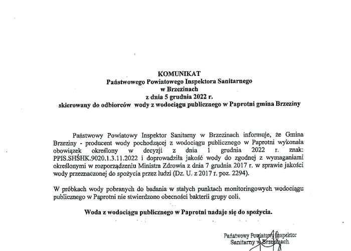 Woda z wodociągu publicznego w Paprotni nadaje się do spożycia !