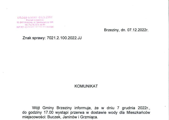 Komunikat dotyczący przerwy w dostawie wody w miejscowościach Buczek, Janinów i Grzmiąca w dniu 7 grudnia.