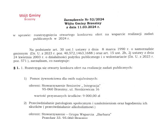 Zarządzenie Nr 52/2024 Wójta Gminy Brzeziny z dnia 11.03.2024 r. w sprawie rozstrzygnięcia otwartego konkursu ofert na wsparcie realizacji zadań publicznych w 2024 r.
