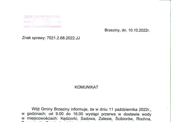 Komunikat dotyczący przerwy w dostawie wody w miejscowościach: Kędziorki, Zalesie, Sadowa, Bogdanka, Tworzyjanki, Ścibiorów, Rochna i Lisowice w dniu 11 października.