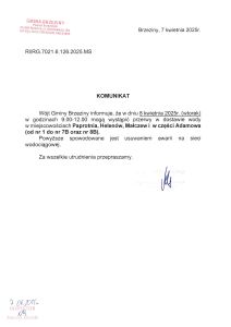 Wójt Gminy Brzeziny informuje, że w dniu 8 kwietnia 2025r. (wtorek) w godzinach 09.00-12.00 mogą wystąpić przerwy w dostawie wody w miejscowościach Paprotnia, Helenów, Małczew i części Adamowa (od nr 1 do nr 7B oraz numer 8B)