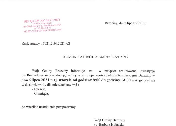 Komunikat Wójta Gminy Brzeziny w sprawie przerw w dostawach wody dla mieszkańców miejscowości Grzmiąca i Buczek