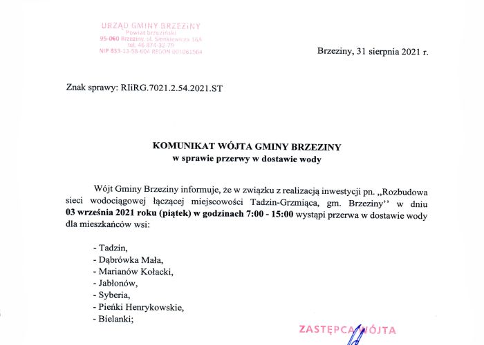 Komunikat Wójta Gminy Brzeziny w sprawie przerwy w dostawie wody dla mieszkańców wsi: Tadzin, Dąbrówka Mała, Marianów Kołacki, Jabłonów, Syberia, Pieńki Henrykowskie, Bielanki.