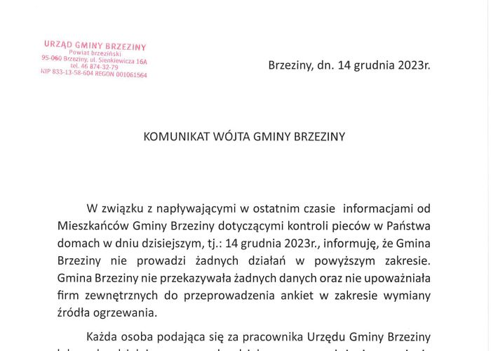 KOMUNIKAT WÓJTA GMINY BRZEZINY - WAŻNE !