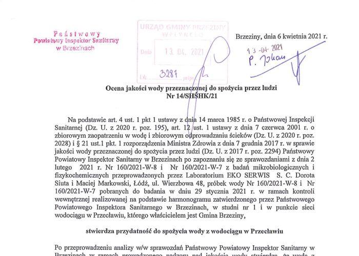 Oceny jakości wody przeznaczonej do spożycia przez ludzi z wodociągów z terenu Gminy Brzeziny