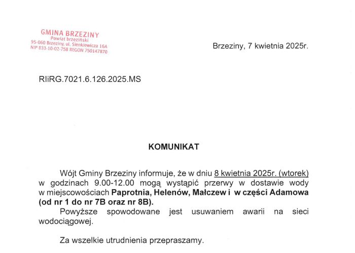 Przerwa w dostawie wody w miejscowościach Jordanów, Adamów i Eufeminów - w dniu 21 marca 2025 r. (piątek)
