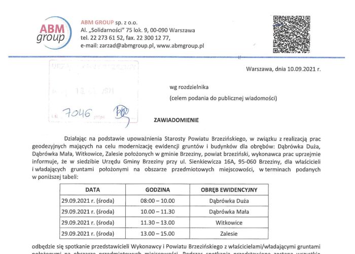 Zawiadomienie - realizacja prac geodezyjnych mających na celu modernizację ewidencji gruntów i budynków dla obrębów: Dąbrówka Duża, Dąbrówka Mała, Witkowice, Zalesie