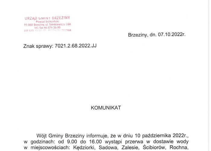 Komunikat dotyczący przerwy w dostawie wody w miejscowościach: Kędziorki, Zalesie, Sadowa, Bogdanka, Tworzyjanki, Ścibiorów, Rochna i Lisowice w dniu 10 października.