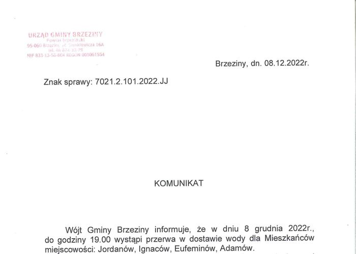 Komunikat dotyczący przerwy w dostawie wody w miejscowościach Jordanów, Ignaców, Eufeminów i Adamów w dniu 8 grudnia.
